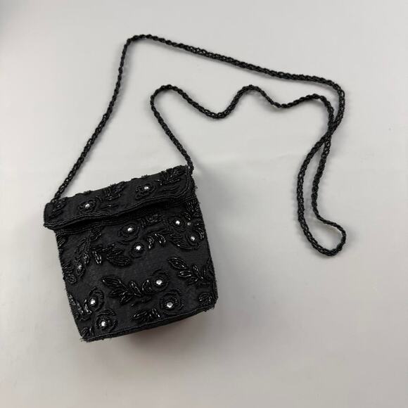 Unbranded Handbags - Vintage Black Beaded Mini Evening Bag Floral Satin Clutch Crossbody